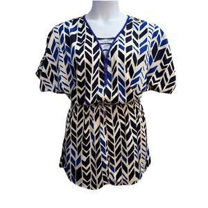 Coldwater Creek Blue White Tunic Beaded Size L (14) Pockets Elastic Waist Travel